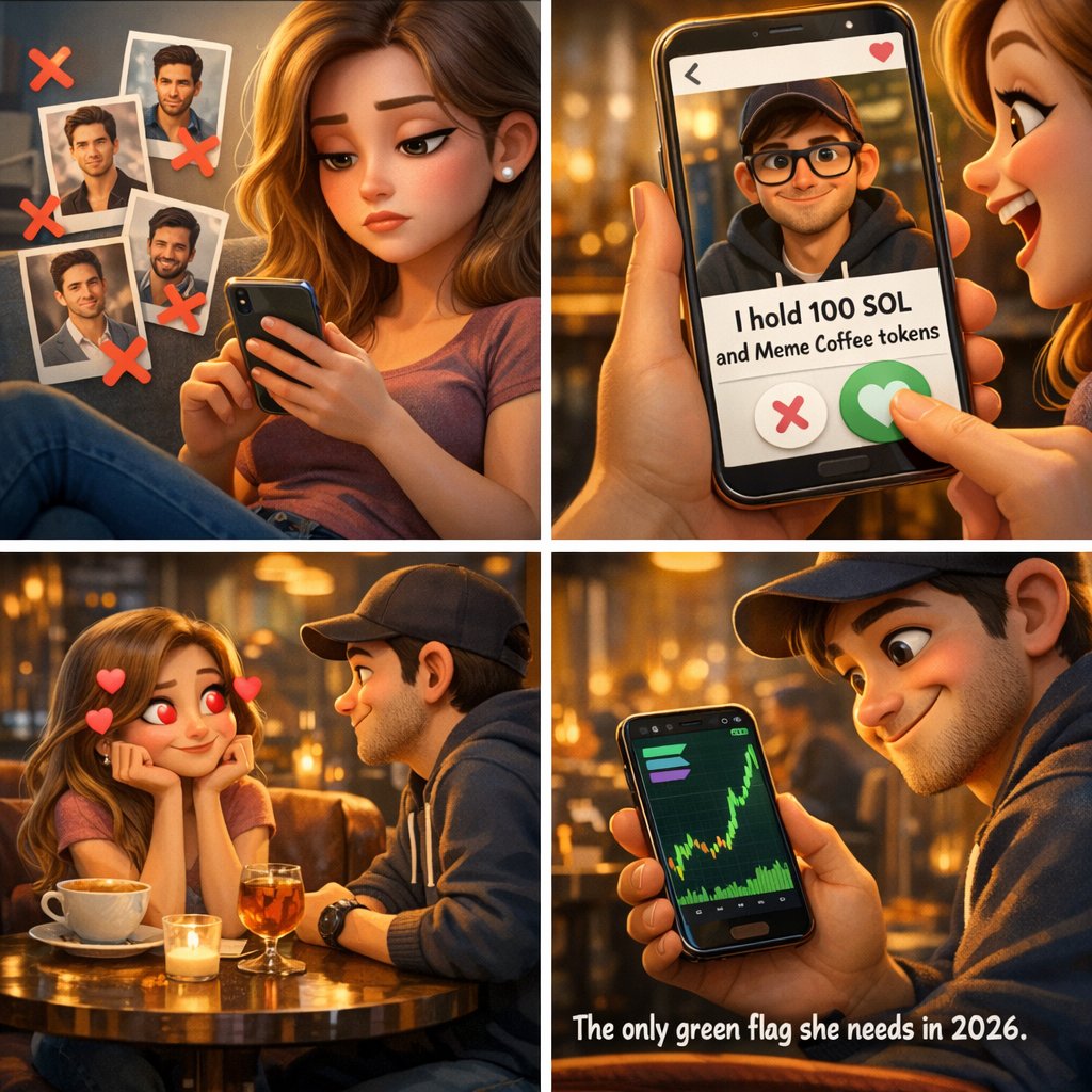 Dating in 2026 is an extreme sport. 🚩 If your portfolio isn't pumping, your heartbeat shouldn't be thumping 📈

Found the only 'Green Flag' that matters in this market. ☕️

<a href="/memecoffeeApp/">Meme Coffee</a> #MemeContest #Solana #DatingMarket