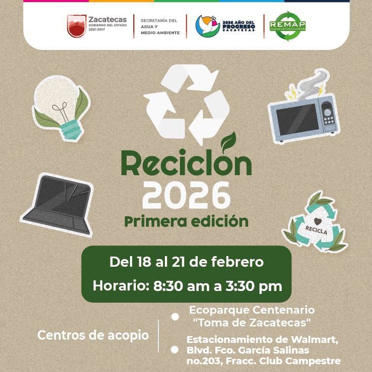 iYa viene el #Reciclón2026!
Trae tus residuos electrónicos y electrodomésticos:
📷 18 al 21 de febrero
📷 8:30 a 15:30 horas
📷 Ecoparque Centenario "Toma de Zacatecas" y
📷Estacionamiento de Walmart, Blvd. Fco. García Salinas no.203, Fracc. Club Campestre, Zac.