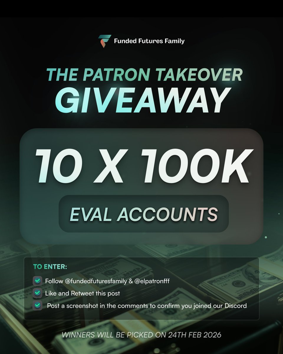 10 traders.
100K each.

The Patron Takeover Giveaway is live.

Want one?

• Follow @fundedfuturesfamily &amp; <a href="/elpatronfff/">Manuel Meraz - EL PATRONX</a>
• Like &amp; RT
• Drop your Discord screenshot below

Winners picked Feb 24.

Let’s see who wants it. 👀