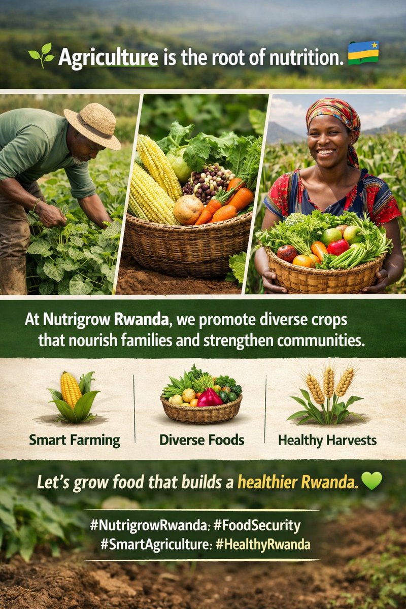 Nutrigrow30's tweet photo. 🌱 Agriculture is the root of nutrition. 🇷🇼
At Nutrigrow Rwanda, we promote diverse crops that nourish families and strengthen communities.
🌽 Smart farming
🥬 Diverse foods
🌾 Healthy harvests
Let’s grow food that builds a healthier Rwanda. 💚
#NutrigrowRwanda #FoodSecurity https://t.co/PX1Hiawlbx