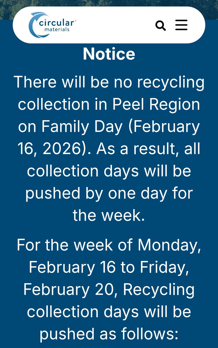 Mississauga_Cal's tweet image. WASTE COLLECTION - CALENDAR: Access 2026 #Mississauga neighbourhood pickup schedules (M-F), info &amp;amp; updates 💻➡ 🏘🗓️🗑 NOTES: No pickups on #FamilyDay Mon Feb 16. ALL pickups shifted by a day this week incl ♻️: circularmaterials.ca/resident-commu…
 Garbage/organics 🔗: peelregion.ca/waste