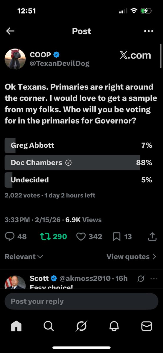 SergeantJBP's tweet image. Two polls, with a total just shy of 4,000 people.

Both polling at 88% 👀 

@DocPeteChambers 
@DocPete4Texas 
#Texans
#Texas

Vote to make Texas, Texas Again!