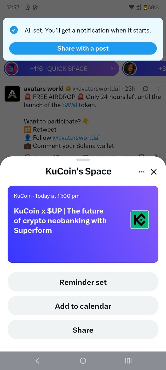 Neobanking is the future and $UP is paving the way.🌍✨ This partnership is huge for the ecosystem. Tuning in to the space ready to learn and support the revolution.
Let's go. 🚀💎 <a href="/kucoincom/">KuCoin</a> <a href="/superformxyz/">Superform</a>