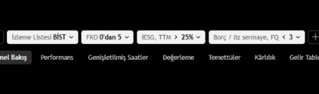 En Basit Haliye Temel Olarak ucuz olan #Hisse Taraması nasıl yapılır. (tradingView Görselide ekliyorum)
FK küçük<5
öz kaynak karlılığı (YILLIK) BÜYÜK >20
Borç/Öz kaynak Karlılığı  yani Net Borç/Favök < 3
TEMEL VE TEKNİK OLARAK İNCELENMELİDİR ÇIKAN HİSSELER