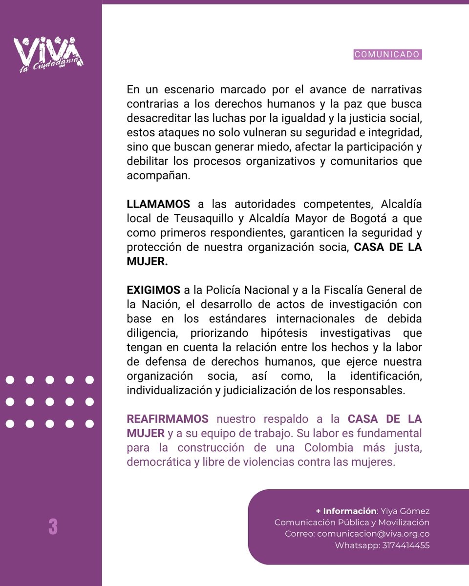 ⚠️Desde <a href="/vivaciudadania/">Viva la Ciudadanía</a> denunciamos y rechazamos la violación a la sede de la <a href="/casa_la/">Casa de la Mujer</a>
📢El robo de información y los daños no solo vulneran su seguridad e integridad, sino que buscan generar miedo y debilitar los procesos organizativos y comunitarios que acompañan