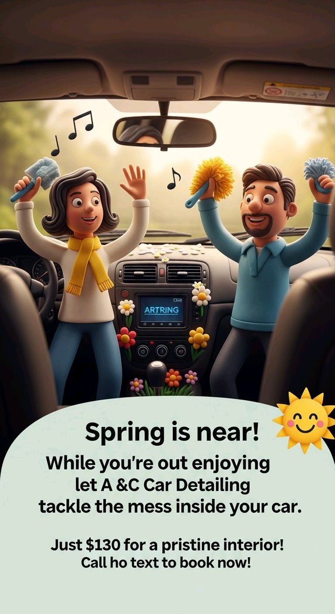 AndDetailing234's tweet photo. 🌟 Spring is near! While you're out enjoying the beautiful weather, let A &amp; C Car Detailing tackle the mess inside your car. Just $130 for a pristine interior! 🚗✨ Call or text to book now! #SpringDrive #CarDetailing #FreshStarts What's your top spring cleaning hack? https://t.co/gMsxoksFPb