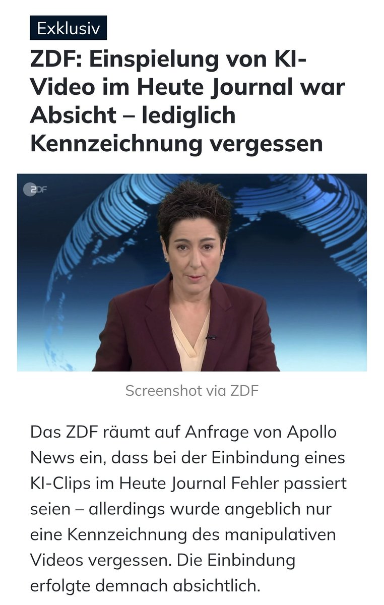 Billige Ausrede vom ZDF für das manipulierte ICE Video im Heute Journal:

Sie hätten nur die Kennzeichnung, dass es ein KI Video ist, vergessen!

Bleibt trotzdem die Frage, was hat ein KI Video in einer Nachrichtensendung zu suchen!?

apollo-news.net/zdf-einspielun…