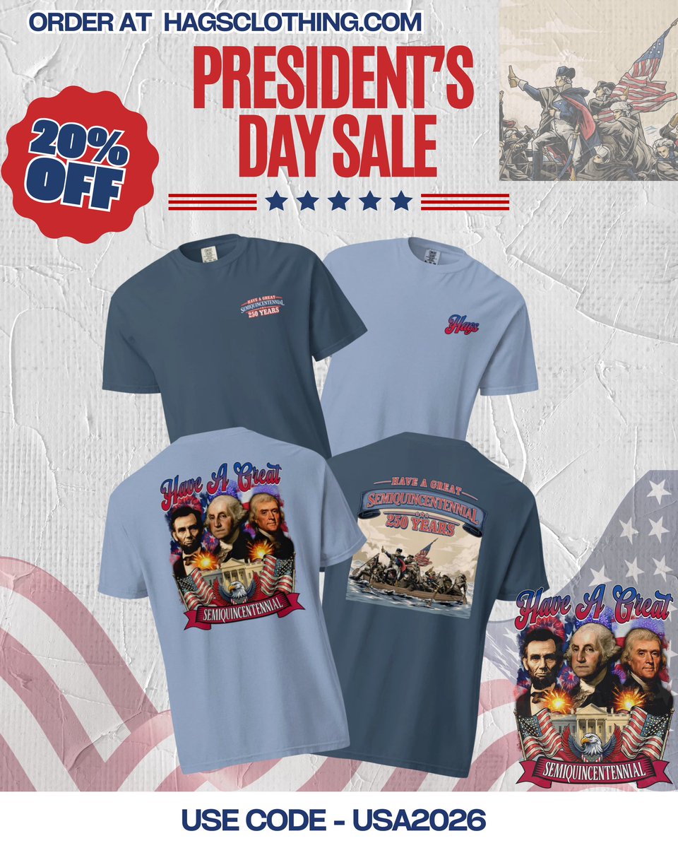 Presidents Day Sale is LIVE 🇺🇸
Celebrate 250 years of freedom the right way.

20% OFF America 250 + Semiquincentennial
Code: USA2026

Ends Monday at Midnight. #trump #biden #usa #semiquincentennial #usa2026