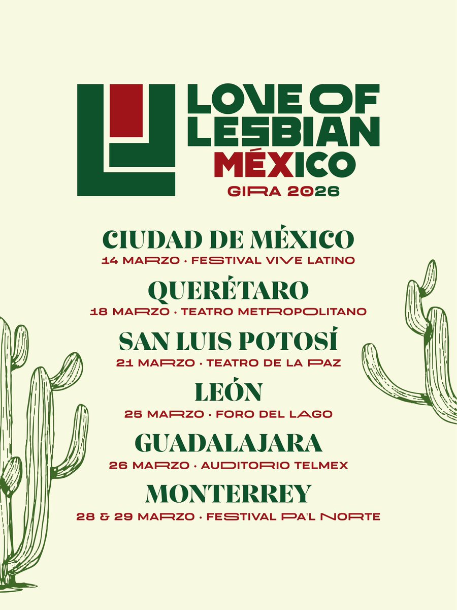 📆 Marzo 2026 será lesbiano.
Vuelven las historias, los himnos, la catarsis colectiva y ese momento único en el que todos los raros nos volvemos una hermandad.

📍CDMX, Querétaro, San Luis Potosí, León, Guadalajara y Monterrey. ✨
Ahí nos vemos. 🤍
#LoveOfLesbianMexico