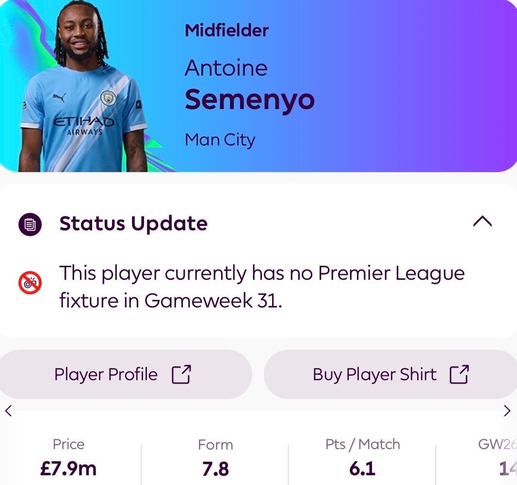 FFScout's tweet image. And still… the top scoring MID in FPL ✅ 

🔥 GW26 - ⚽️ + 🅰️
🔐 Five starts in five for MCI 
🔜 NEW | lee | NFO | whu 

The GW31 blank means plenty will miss out on Antoine Semenyo’s points 😬
