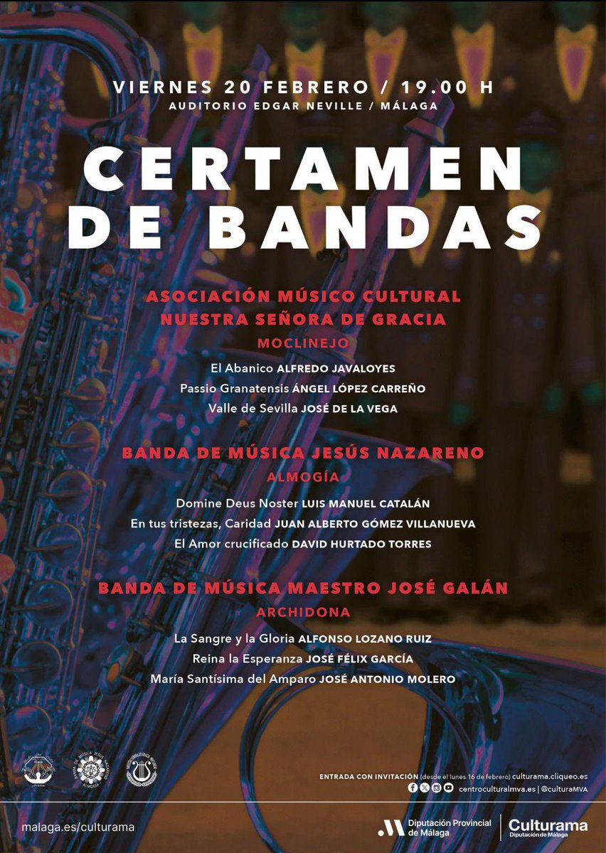 🔵 𝐏𝐑𝐎́𝐗𝐈𝐌𝐀 𝐀𝐂𝐓𝐔𝐀𝐂𝐈𝐎́𝐍

🎼🎺 Certamen de bandas en Málaga

📆 El próximo 𝐕𝐢𝐞𝐫𝐧𝐞𝐬 𝟐𝟎 𝐝𝐞 𝐟𝐞𝐛𝐫𝐞𝐫𝐨 a las 19 h tienes una cita con nosotros, <a href="/BM_NazarenoAlmo/">BM Jesús Nazareno Almogía</a> y <a href="/BandaMoclinejo/">Banda de Moclinejo</a> en el auditorio Edgar Neville. Os esperamos!

#SuenaMJG #Málaga #Certamen