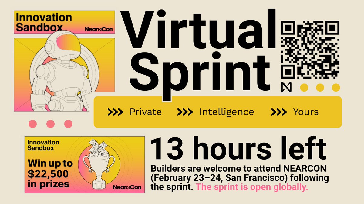🚨 NEARCON Innovation Sandbox deadline extended by 12 hours

New submission deadline: February 17, 2026 at 08:00 UTC
Winners announced: February 19, 2026 at 16:00 UTC

If it works, submit it: near-innovation-sandbox.devspot.app/?activeTab=ove…
