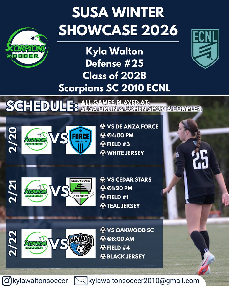 KylaWSoccer's tweet photo. Game schedule for the SUSA Winter Showcase in Long Island, NY. From February 20-22! @ScorpionsSoccer @NESoccerJournal @ECNLgirls @TopDrawerSoccer https://t.co/3FgFfE3G0d