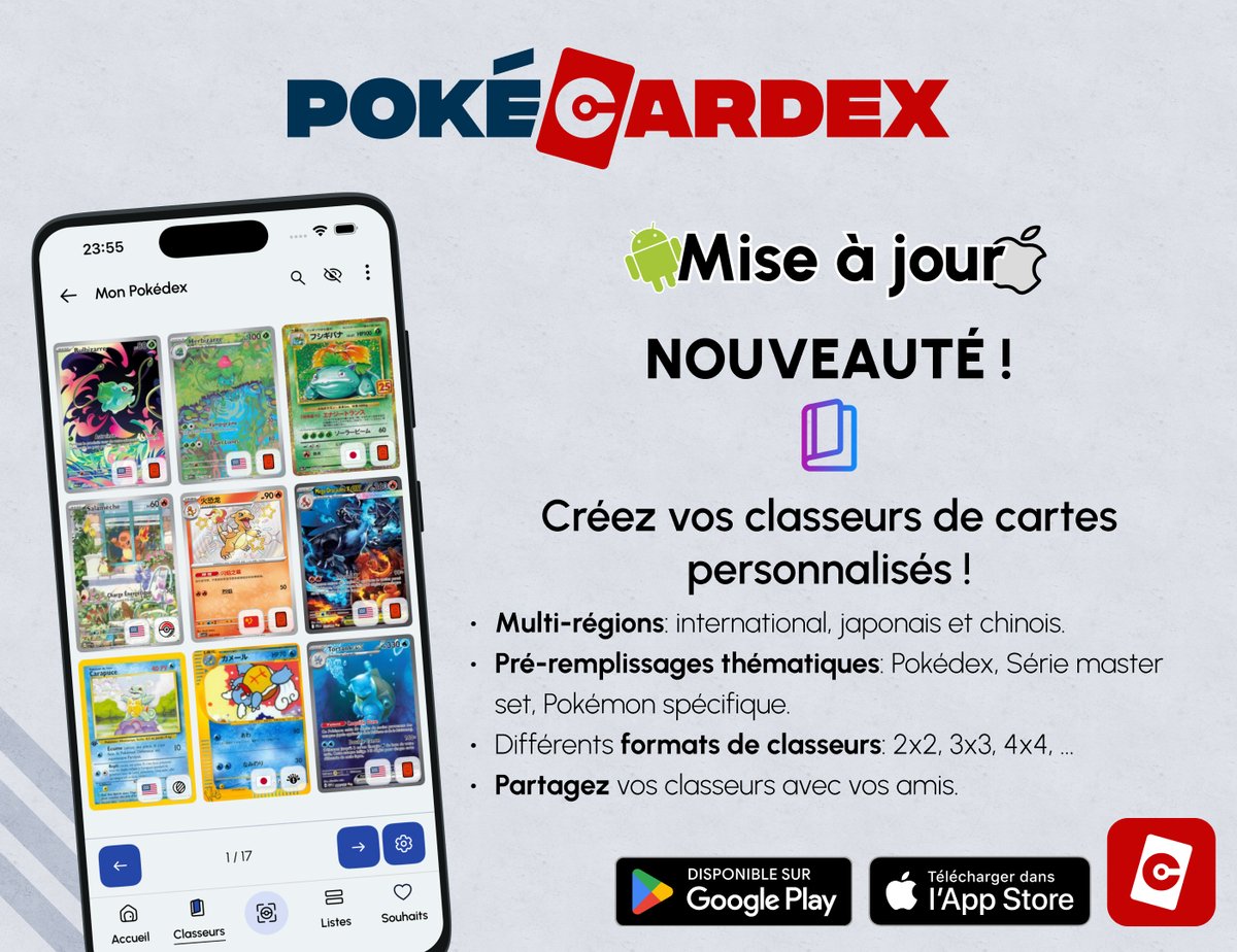pokecardex's tweet photo. Grande nouveauté sur les application PokéCardex !
La mise à jour pour la création des classeurs personnalisés est désormais disponible sur Android et iOS 📘
Nous avons hâte d'avoir vos retours et de voir les classeurs que vous allez créer👀 https://t.co/gFAvumfm0c