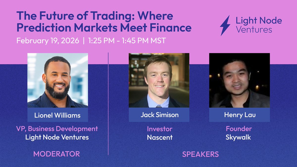 Lionel Williams, <a href="/SirLeoThe1st/">Leo</a> , our VP of Business Development, will be speaking on “The Future of Trading: Where Prediction Markets Meet Finance” at <a href="/EthereumDenver/">ETHDenver 🏔🦬🦄</a> 2026 alongside <a href="/JackSimison/">J/\ck</a>
from <a href="/nascent/">Nascent</a> and <a href="/setofsevens/">Henry Lau</a> , founder of <a href="/SkywalkTokens/">Skywalk</a> . Looking forward to the