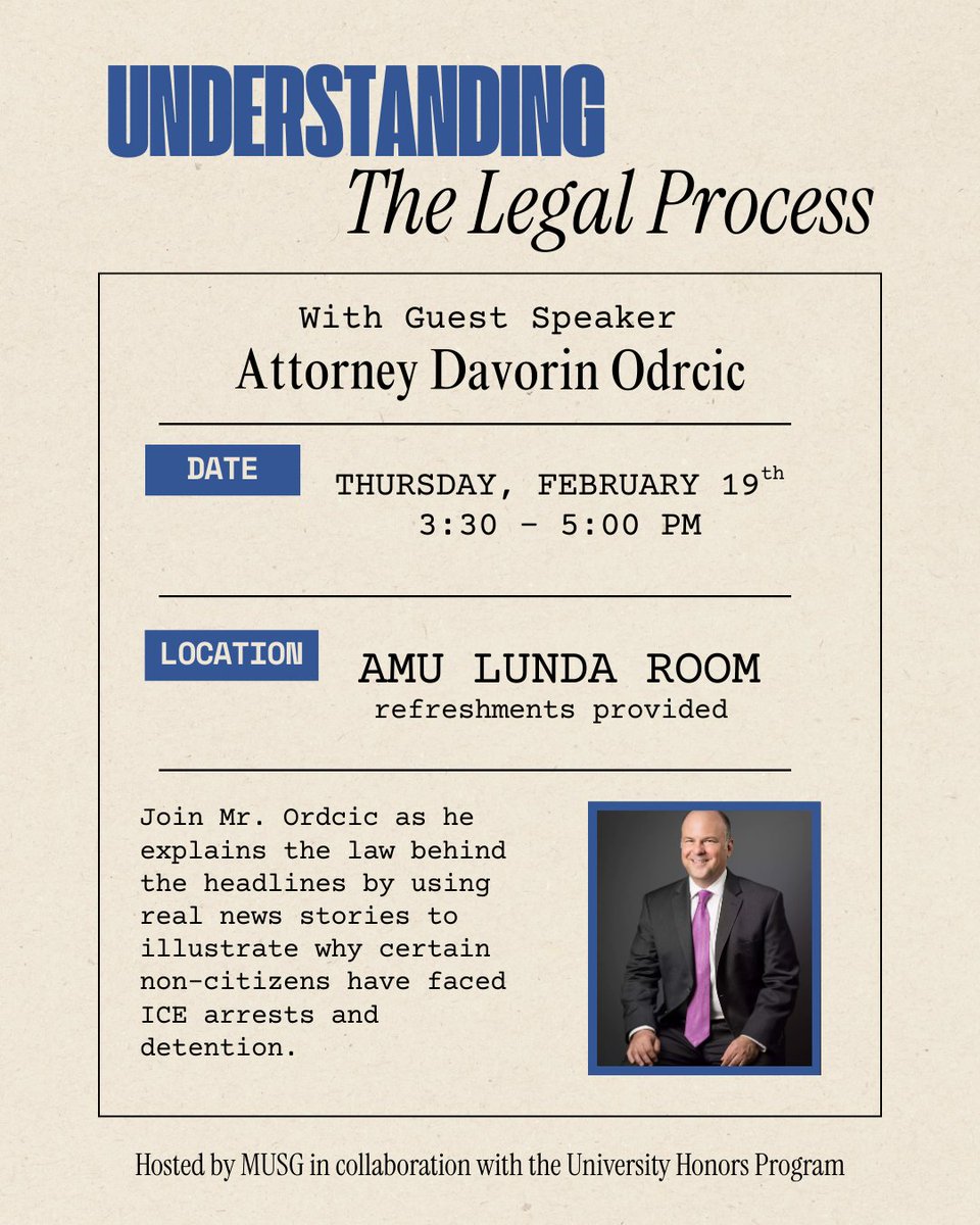 MUStudentGov's tweet photo. Join us for a special presentation by local immigration lawyer Davorin Odrcic, of Odrcic Law Group, LLC, as he shares his legal perspective on the headlines we read every day. All are welcome to attend this Thursday; no registration is required. https://t.co/5ABP30c6b6