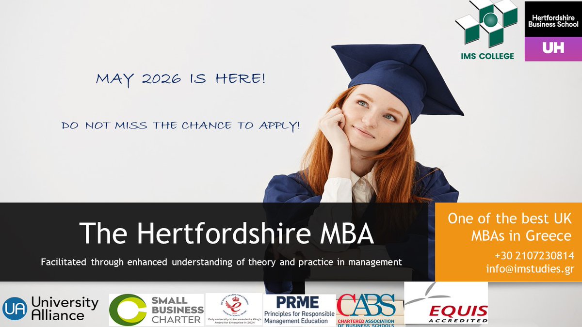ims_college's tweet photo. There is still time for your MBA – Join us in our MAY intake at the University of Hertfordshire
Come and join the MBA programme at the University of Hertfordshire, right here in Greece, delivered by IMS College, a trusted name with 30 years of experience. 
#imscollege #MBA https://t.co/tw86TD2Vww