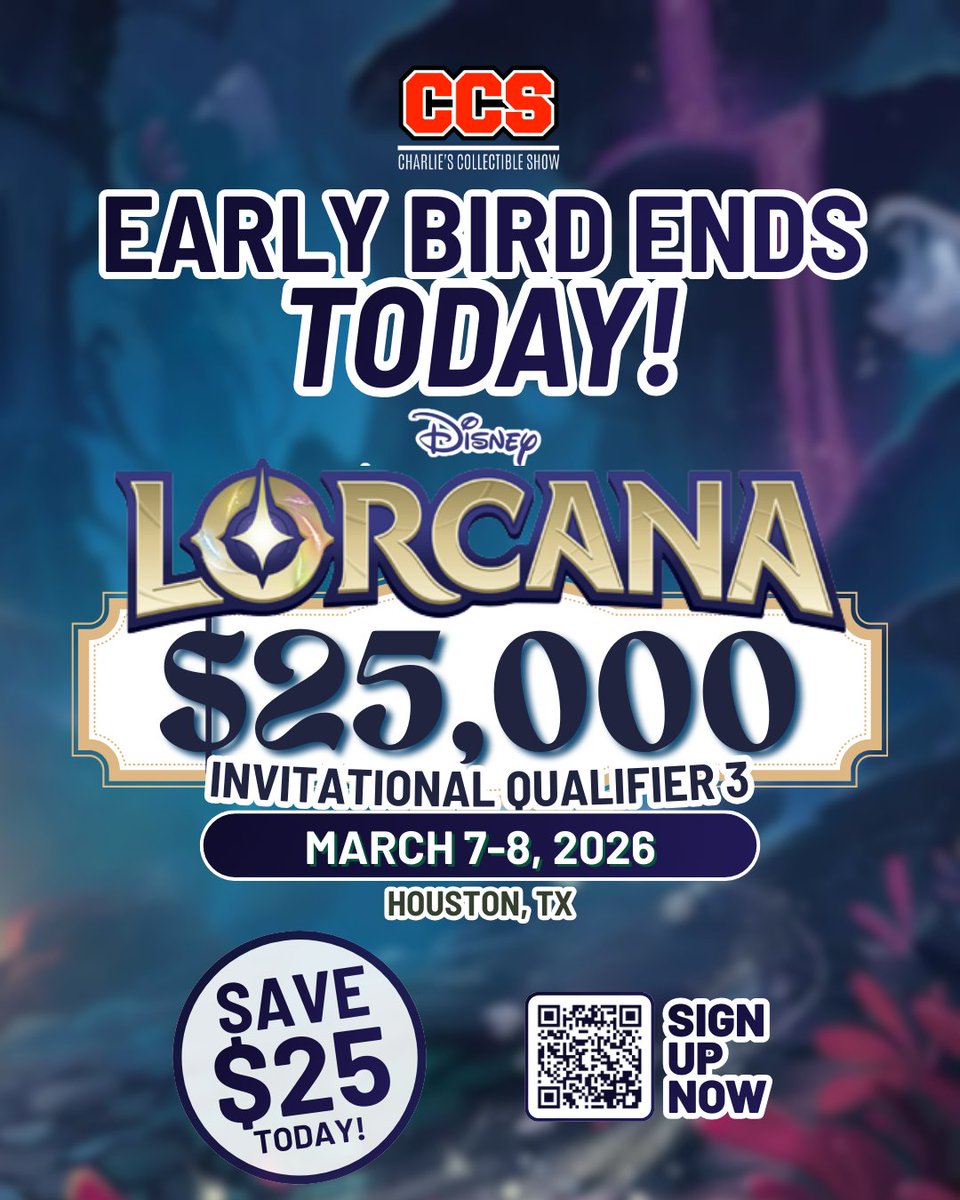 🚨 Last Day to Save $25! 🚨

Early Bird pricing for CCS Lorcana $25,000 Weekend Invitational Qualifier 3 ends TODAY ⏳✨ Save $25 before the price jumps!

Lock in your seat, earn circuit points, and make your run toward the $50,000 Invitational Series 🏆💫

📅 March 7–8, 2026
📍