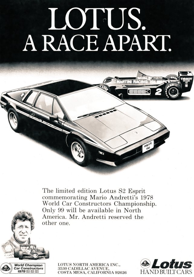 Retromania4ever's tweet image. 1979 #Lotus S2 Esprit Limited Edition with the #formula1 champion 🏆  @MarioAndretti
In a vintage print #Advertisement