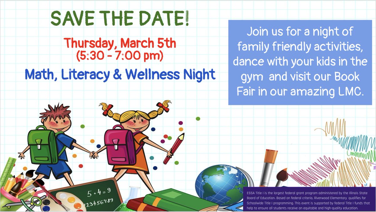 Did you add Riverwood's Math, Literacy &amp; Wellness night to your calendar?  Don't miss out!  Come check it out and be sure to stop by the book fair!  #riverwoodrocks  #d15rocks