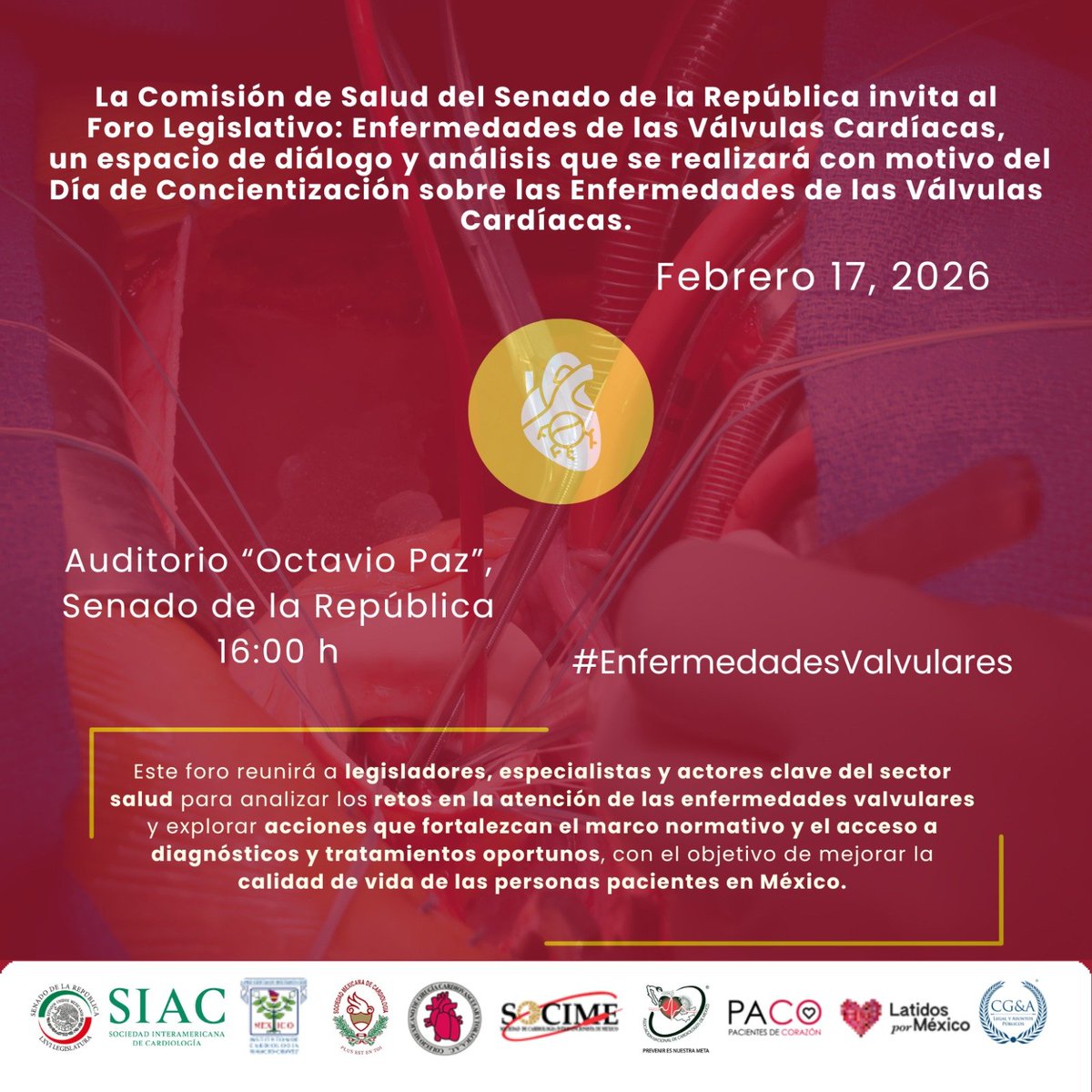 CGAabogados's tweet photo. El @senadomexicano abre el diálogo sobre uno de los retos más relevantes para el sistema de salud en México: las enfermedades de las válvulas cardíacas, una condición
que requiere atención oportuna, diagnóstico preciso y políticas públicas efectivas.

Por convocatoria del Sen. José Manuel Cruz Castellanos, Presidente de la Comisión de @SaludSenadoMx, se llevará a cabo el 𝗙𝗼𝗿𝗼 𝗟𝗲𝗴𝗶𝘀𝗹𝗮𝘁𝗶𝘃𝗼 𝘀𝗼𝗯𝗿𝗲“𝗘𝗻𝗳𝗲𝗿𝗺𝗲𝗱𝗮𝗱𝗲𝘀 𝗱𝗲 𝗹𝗮𝘀 𝗩á𝗹𝘃𝘂𝗹𝗮𝘀 𝗖𝗮𝗿𝗱í𝗮𝗰𝗮𝘀”,
un espacio de alto nivel que reunirá a especialistas, tomadores de decisión y actores estratégicos del sector salud para impulsar soluciones concretas en beneficio de los pacientes.

📅 17 de febrero
📍 Salón Octavio Paz, Senado de la República
🕒 Ingreso: 15:00 h | Conversatorio: 16:00 h
🚪 Acceso por Puerta 4, con identificación oficial
⚠️ 𝗘𝗹 𝗿𝗲𝗴𝗶𝘀𝘁𝗿𝗼 𝗽𝗿𝗲𝘃𝗶𝗼 𝗲𝘀 𝗶𝗻𝗱𝗶𝘀𝗽𝗲𝗻𝘀𝗮𝗯𝗹𝗲 𝗽𝗮𝗿𝗮 𝗽𝗼𝗱𝗲𝗿 𝗮𝘀𝗶𝘀𝘁𝗶𝗿.

👉 𝗖𝗼𝗻𝗳𝗶𝗿𝗺𝗮 𝘁𝘂 𝗽𝗮𝗿𝘁𝗶𝗰𝗶𝗽𝗮𝗰𝗶ó𝗻 𝘆 𝗮𝘀𝗲𝗴𝘂𝗿𝗮 𝘁𝘂 𝗹𝘂𝗴𝗮𝗿 𝗹𝗹𝗲𝗻𝗮𝗻𝗱𝗼 𝗲𝗹 𝗳𝗼𝗿𝗺𝘂𝗹𝗮𝗿𝗶𝗼:
https://t.co/hZ9y3eap5M
 
En CG&A Legal y Asuntos Públicos impulsamos espacios que contribuyen a fortalecer el sistema de salud mediante el diálogo estratégico y la construcción de políticas públicas basadas en evidencia.

#CGALegal #SaludPública #PolíticaSanitaria #Senado #VálvulasCardíacas #ComoCGANoHay
