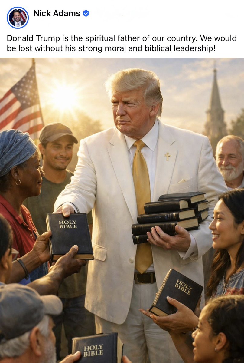 rshereme's tweet image. You cannot make this up. MAGA has completely lost its mind. I cannot believe there are still Christians who support this insanity and complete moral bankruptcy.

To claim that Trump is the “spiritual father of our country” is to suggest that loyalty to a politician now outweighs