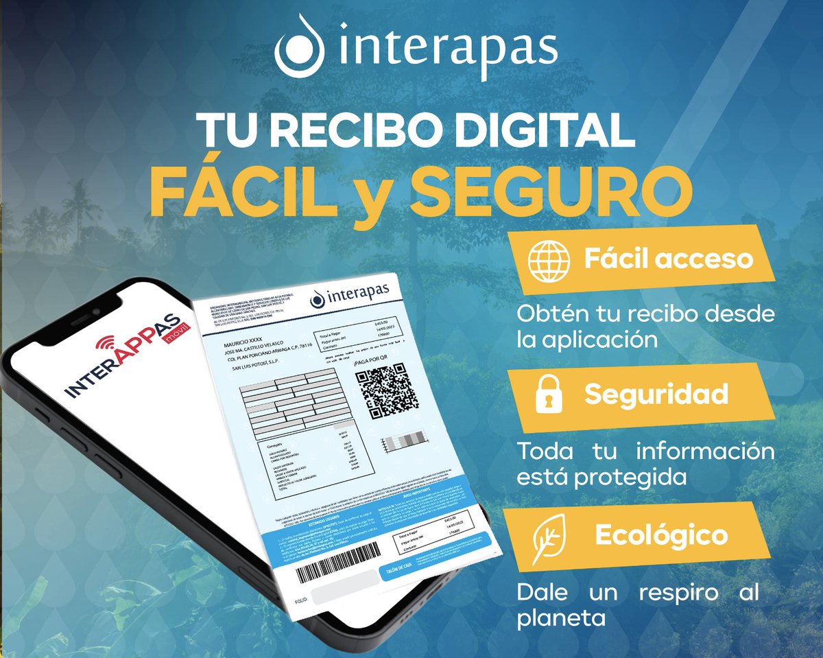 Interapas's tweet photo. Activar tu recibido digital desde la aplicación de #InterAPPasMóvil📲 te permite consultar tu estado de cuenta en cualquier lugar y en todo momento.😃 Además, contribuyes a las reducción del uso de papel y del impacto ambiental. ♻🌎

#Interapas #ReciboDigital #MedioAmbiente https://t.co/DOyHuUwB1G