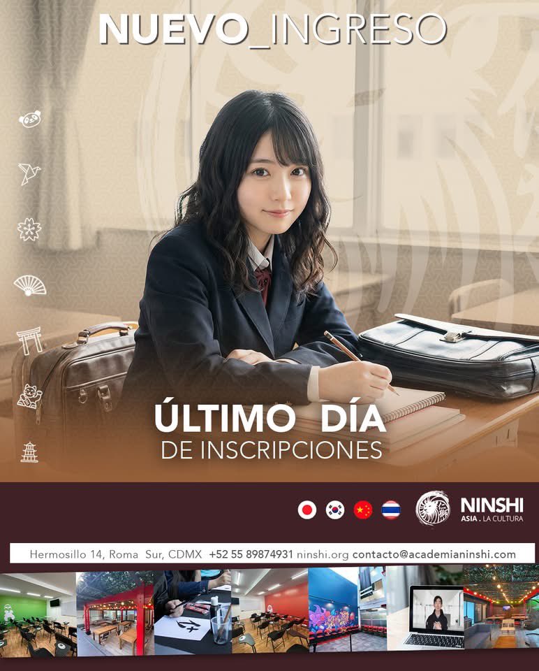▷ INSCRIPCIONES DE NUEVO INGRESO, Inscríbete YA MISMO con fecha límite el 16 de Febrero de 2026  ◁

Anímate a aprender un nuevo idioma, aprende japonés 🇯🇵 , coreano 🇰🇷 , chino mandarín 🇨🇳 o tailandés 🇹🇭 con nosotros, mediante nuestro sistema de enseñanza tú podrás elegir
