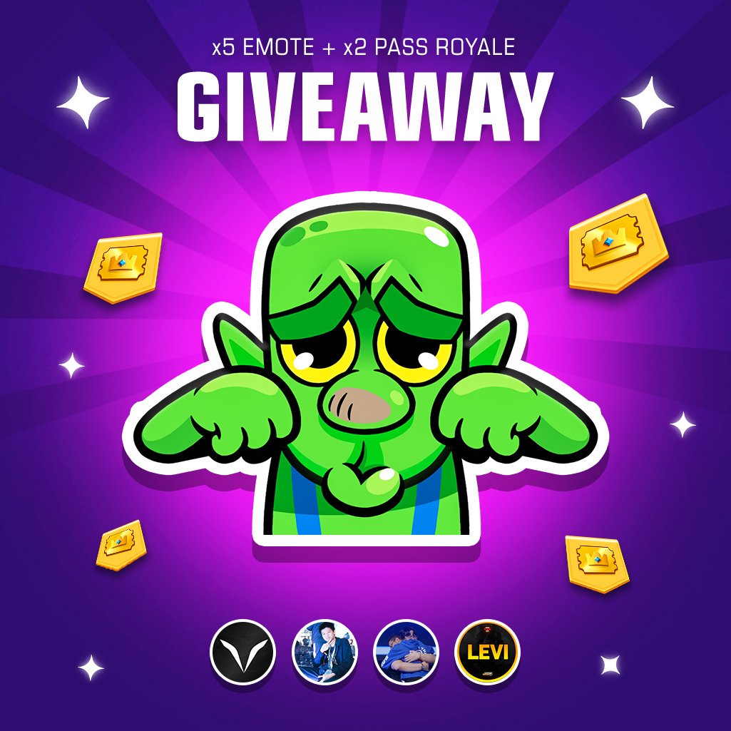 🎁 GIVEAWAY 🎁

🏆 ×2 Pass Royale
🏆 ×5 Boohoo Goblin Emote

To Enter :

• Retweet ♻️ 
• Follow <a href="/FFlevi_/">Levi</a>
• Follow <a href="/NateJfl/">Code: Nate</a> 
• Follow <a href="/vatic_gg/">Vatic</a>
• Follow <a href="/Panda4Realss/">Allen</a> 
• Comment Any Emoji 💬

Good Luck , winners in 72 hours ⏰️  #ClashRoyale