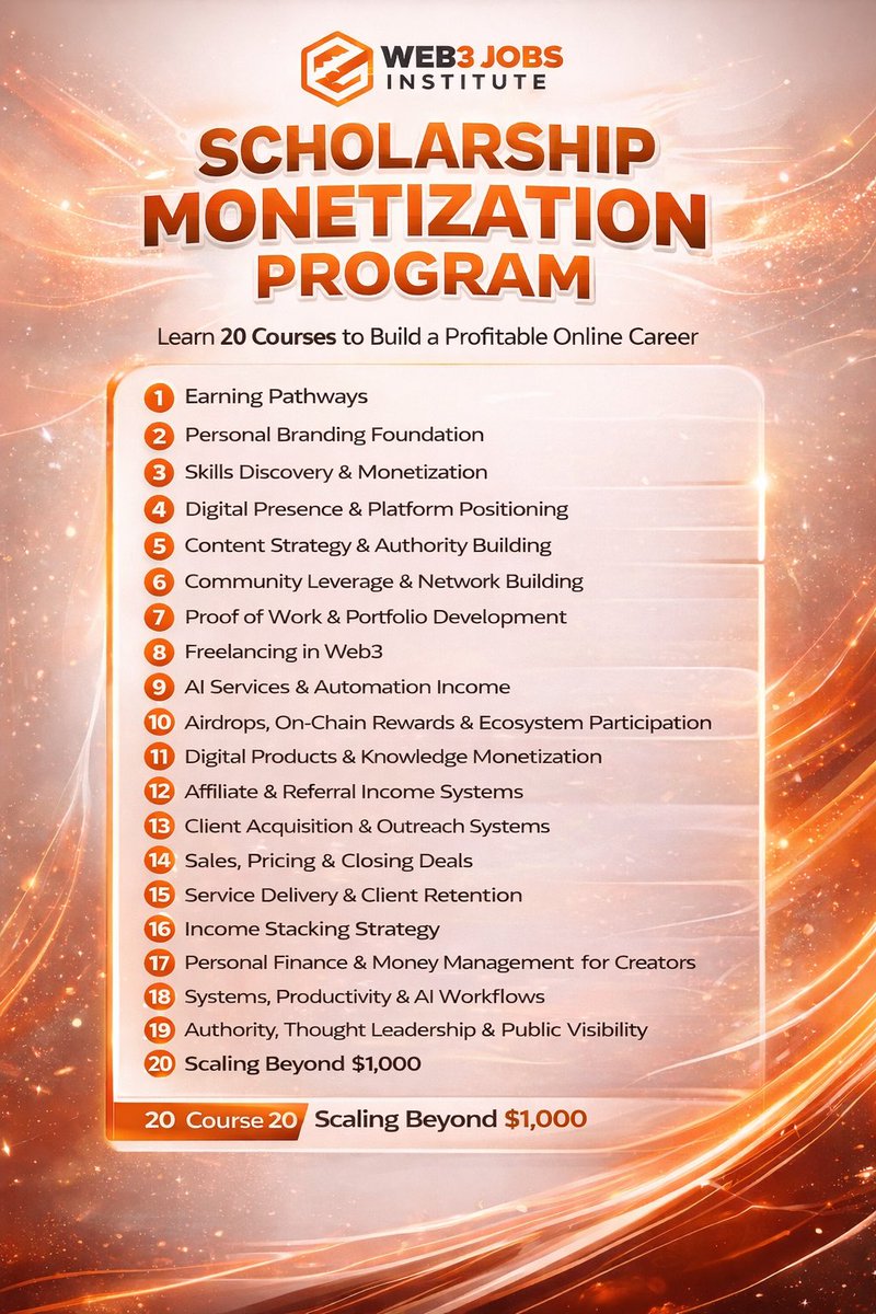 INTRODUCING: The Full Scholarship Monetization Program

Our Web3 Jobs Institute scholarship students now have access to 20 structured courses in the days Coming 

It’s a complete system to build a real digital career.
Who is Seated?
