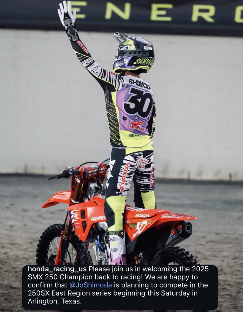Dirtbike_Lovers's tweet photo. Breaking! Jo Shimoda will be back racing and lining up this weekend at the Arlington Supercross! https://t.co/NP0AMLoyjK