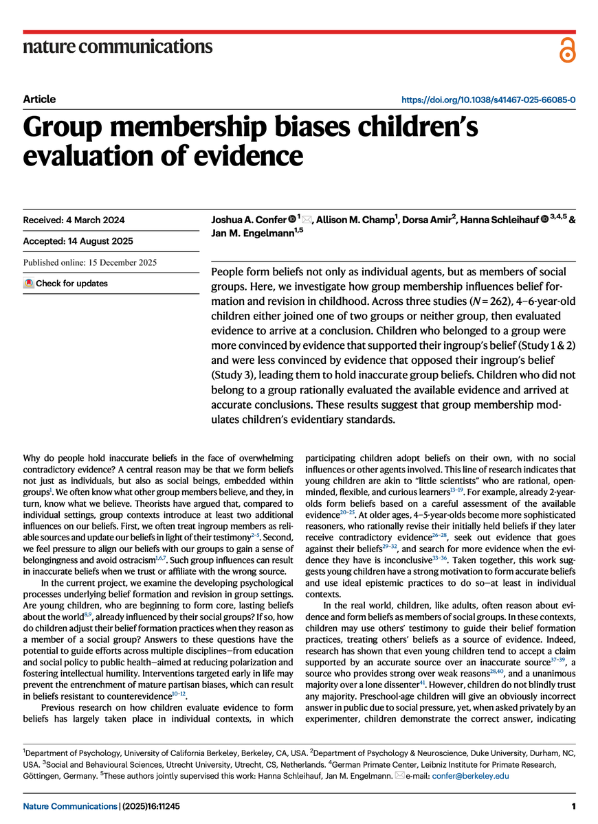 jayvanbavel's tweet image. People form beliefs not only as individual agents, but as members of social groups.

A new paper finds that children (4-6 years old) who belonged to a group were more convinced by evidence that supported their ingroup’s belief (and were less convinced by evidence that opposed