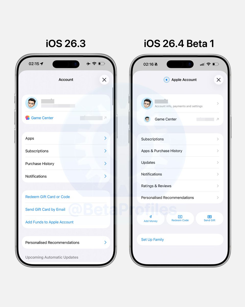 iOS 26.4 Beta 1 redesigns Apple Account page that appears when you tap your avatar in App Store, Apple Music, Apple TV, and Apple Podcasts.