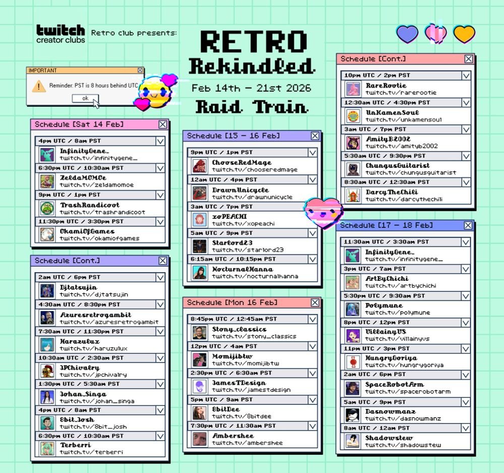 I'm participating in a raid train tomorrow night from 6:00-9:00 pm EST, hosted by folks from the Twitch Retro Creator Club. The goal is to highlight lesser-known retro games, and I'll be showcasing a PC title called Hunter Hunted. Hopefully see you there. Here's the schedule!