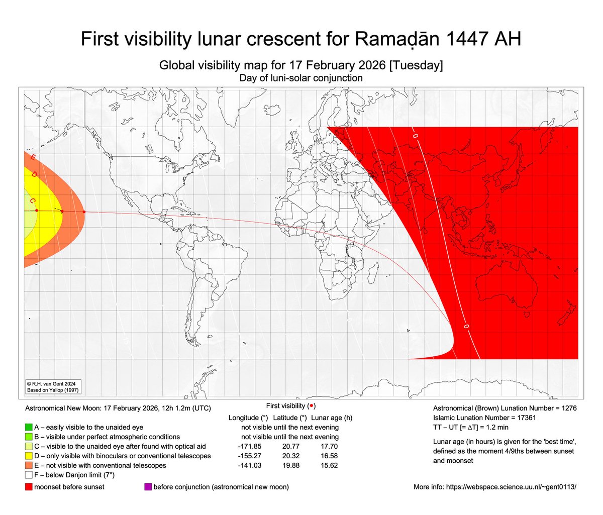 Crescentwatch's tweet photo. Look for the new moon of Ramadan this Tuesday night
https://t.co/fLa6pspmOH
======================

Crescentwatch encourages everyone to go out to look for the new crescent moon (hilal) on the evening of Tuesday, February 17th (after 29 days of Sha'ban) in anticipation of the beginning of the holy month of Ramadan.

Qualified Muslim astronomers and reliable visibility forecasts indicate that on Tuesday evening a "naked-eye" (unaided) sighting of the new crescent moon will be highly improbable in North America and around the world. You can check the visibility forecast for your region here.

We will make a determination and final announcement regarding the start of Ramadan as early as possible, but no later than Tuesday, 7:30pm PT.

Please go out to look for the new crescent moon and submit your moon-sighting report here. The crescent (hilal) would be visible shortly after sunset in the area above where the sun had set. It is a beautiful experience to sight its emergence, and it is a sunnah of our noble Prophet ﷺ that we hope the ummah revives.

Crescentwatch adheres to the traditional principle that Islamic lunar months begin and end based on the confirmed, naked-eye sighting of the new crescent moon.

More info at https://t.co/fLa6pspmOH
======================

#hilal #Ramadan #moonsighting
