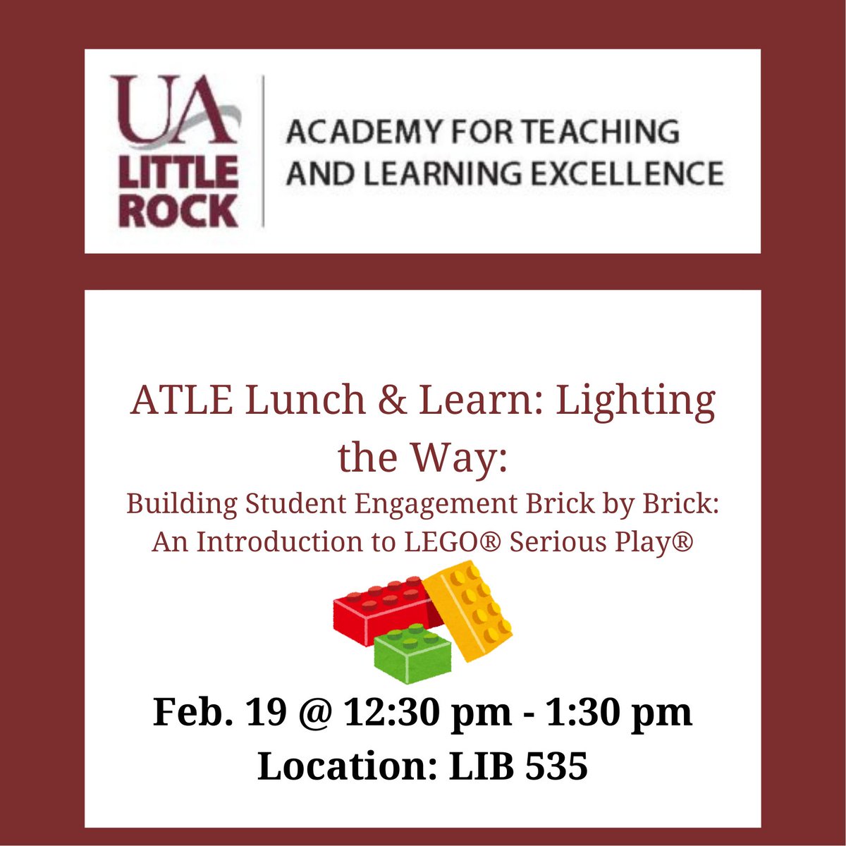 UALR_ATLE's tweet photo. Another interesting Lunch and Learn session about increasing student engagement at class.
In this session, participants will gain hands-on experience with the LEGO® Serious Play® method and consider how it may improve engagement in their courses.
Venue: LIB 535
Date: February 19 https://t.co/XuLQ3zGvC9
