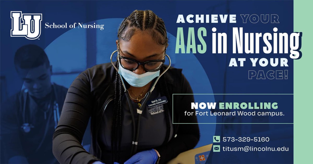 LUBlueTigers's tweet image. 🩺🌟 Ready to launch your nursing career? Apply to the AAS in Nursing at Lincoln University School of Nursing – Fort Leonard Wood!

Part-time evening program for civilians, active-duty &amp;amp; dependents.

🗓️ Apply by April 1 🔗 tinyurl.com/msyz3zwr
#AAS #NursingCareers #FLW #LUMO