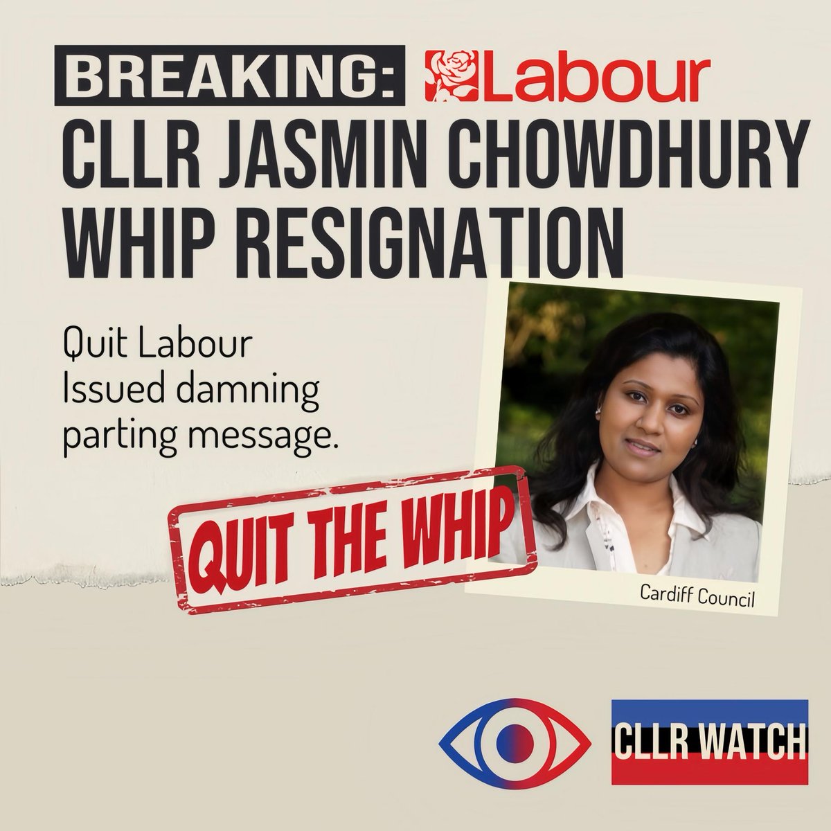 🟥 PARTY EXIT – Cllr JASMIN CHOWDHURY (LAB)
Resigned from Labour, saying she could no longer remain affiliated with the party.

🔍 WHAT HAPPENED
Her statement criticised Labour’s direction and leadership in Wales.