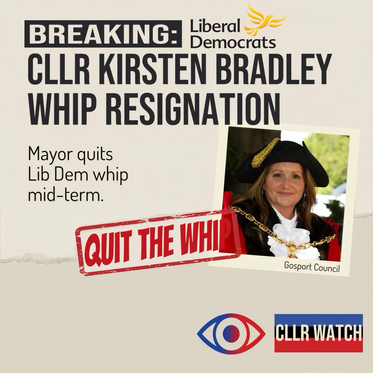 🟨 WHIP RESIGNATION – Cllr KIRSTEN BRADLEY (Lib Dem)
Gosport’s mayor has resigned the Liberal Democrat whip.

🔍 WHAT HAPPENED
She remains a councillor but no longer sits with her party group.