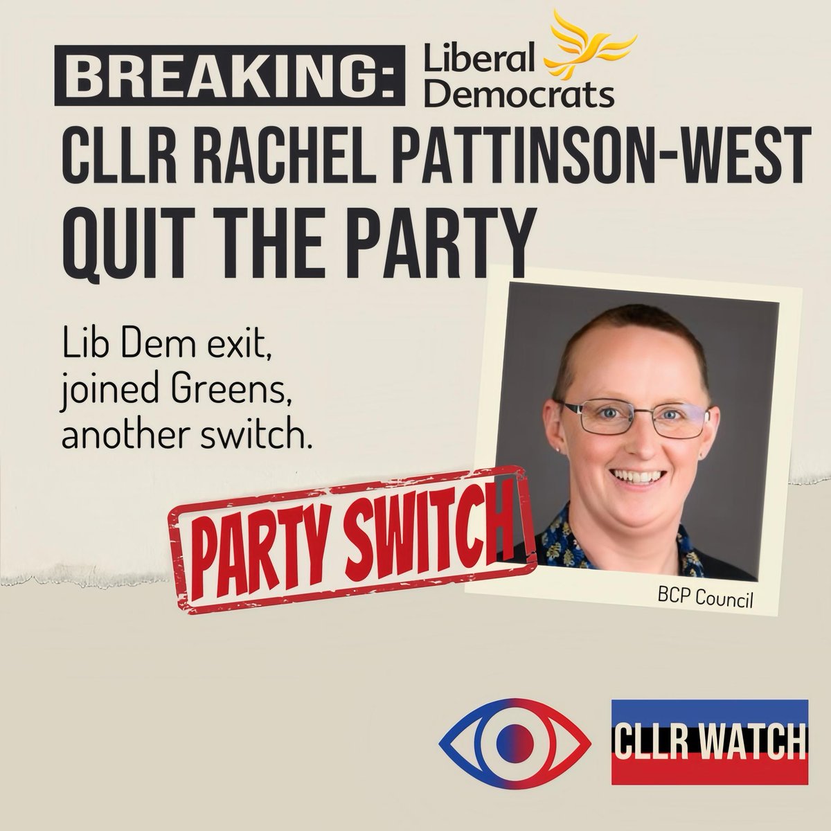 🟨 PARTY SWITCH – Cllr RACHEL PATTINSON-WEST (Lib Dem)
Left the Liberal Democrats and joined the Green Party.

🔍 WHAT HAPPENED
Another councillor changing allegiance mid-term.