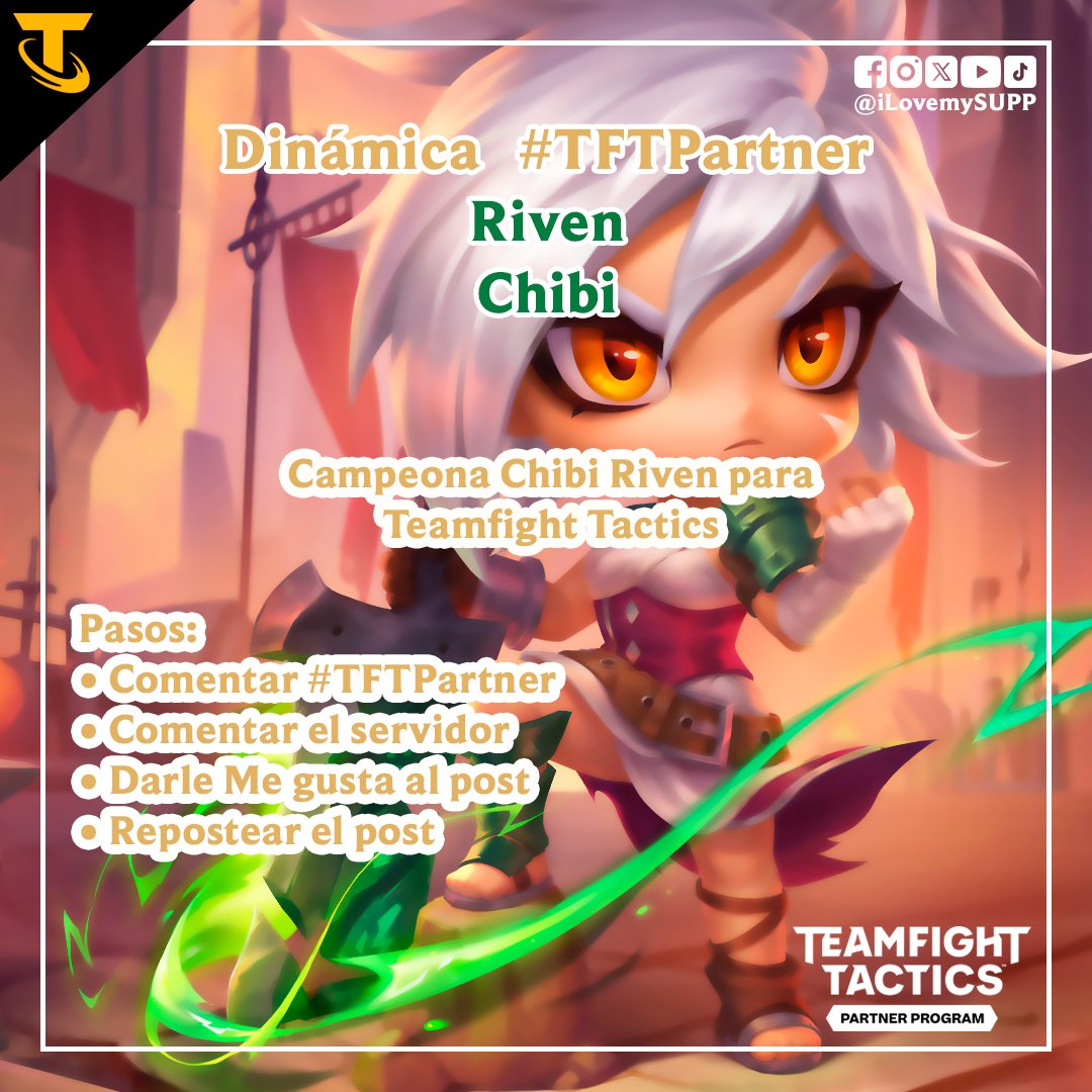 Soy parte del Programa de Socios de TFT de Riot Games y ellos me dieron algunos códigos para ustedes.

Riven Chibi:
• Serán 5 códigos

Los resultados se subirán el 19 de febrero de 2026.

¡Suerte a todos!

#TeamfightTactics #TFTPartner #LeaguePartner #LPP #PSL