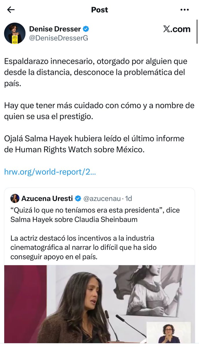 ZazilCarreras's tweet photo. @salmahayek es mexicana y puede opinar lo que quiera de su país y de la industria en la que ella trabajó, trabaja y conoce. 

Pero supongo que para @DeniseDresserG lo correcto es ir a opinar a un país que no es tuyo, donde no te conocen, donde no importas ni marcas una diferencia, donde no hablas ni el idioma y lo que haces es más con ganas de intervenir que de ayudar.