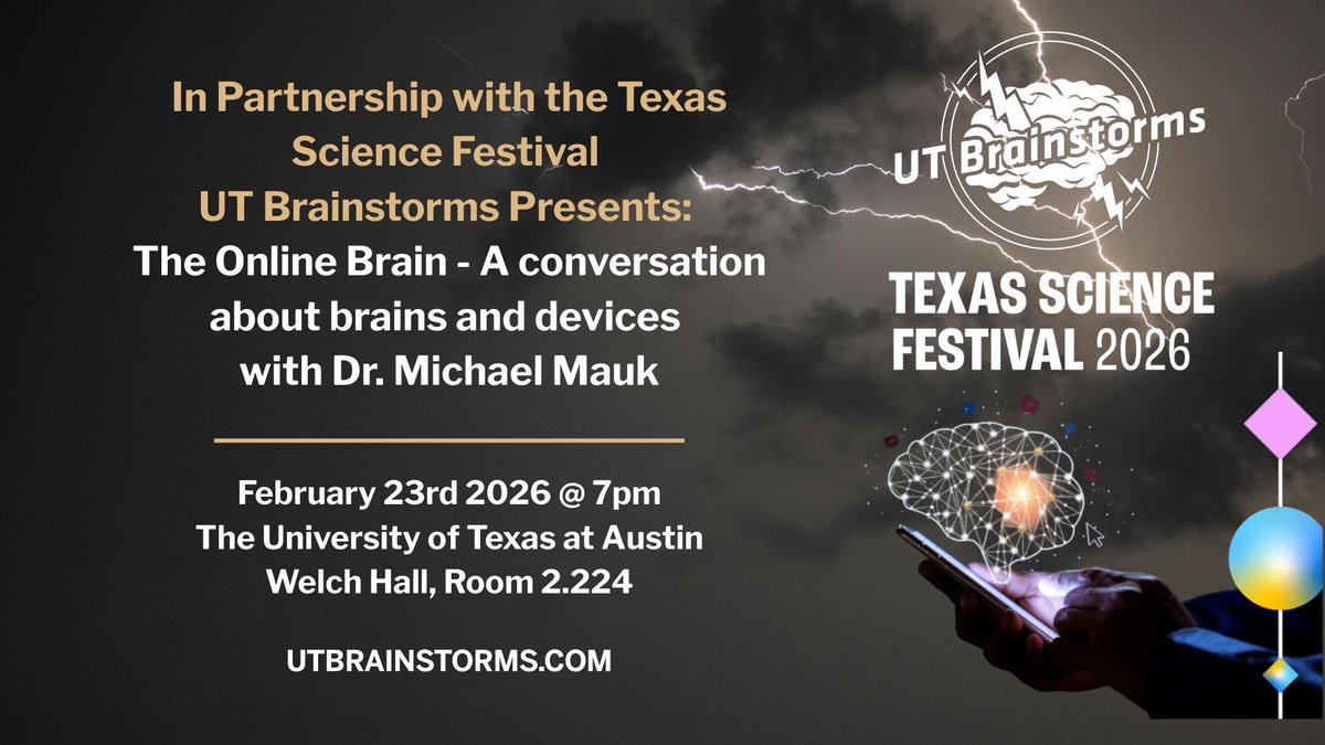 ut_neuroscience's tweet photo. Ever wonder what all that screen time is doing to your brain? Join us Feb 23 for the Texas Science Festival edition of UT Brainstorms: The Online Brain and explore what neuroscience reveals about our devices.
🎟️ Tickets still available: https://t.co/c4mis0ZNFa https://t.co/1B3nS87tur