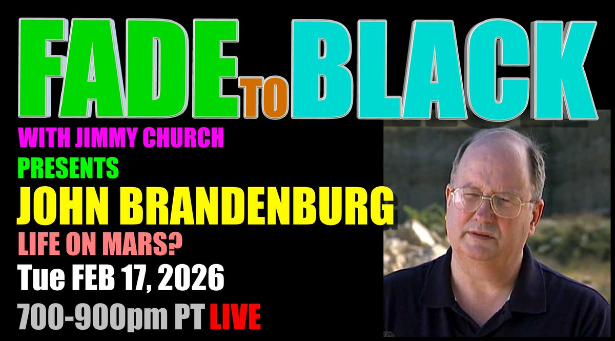 JChurchRadio's tweet photo. This Week on FADE to BLACK:

Mon: Michael Schratt
 Crazy UFO Cases
Tue: John Brandenburg
 Life on Mars?
Wed: Holly Burns
 ET, Jesus and Sasquatch
Thu: Off-Air
 2026 CLE!

#f2b #media #ufo #breakingufo
#disclosure #conspiracy #radio

https://t.co/zHYtbk25Uo https://t.co/zOEPzyqgY7