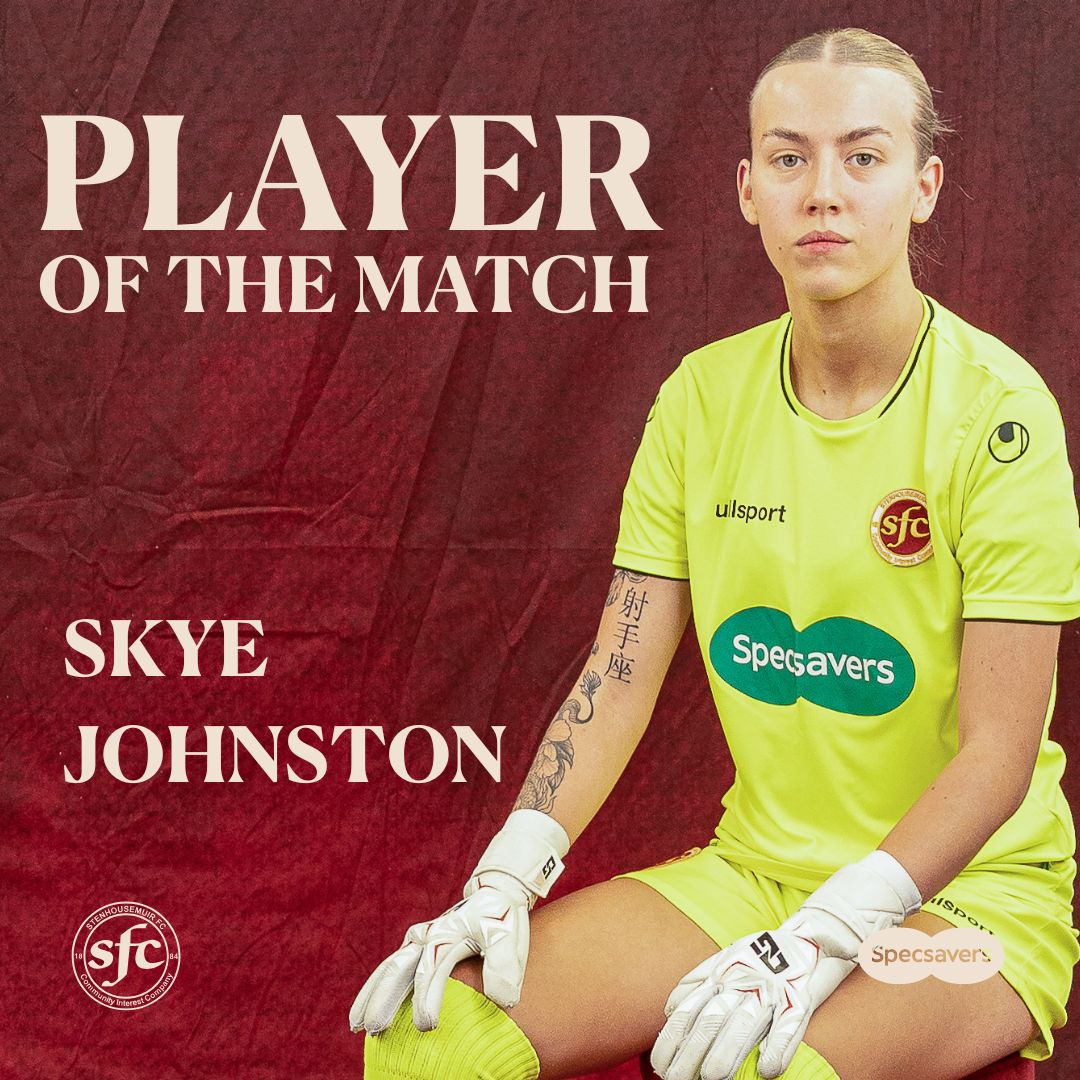 𝐒𝐖𝐅𝐂 𝐏𝐋𝐀𝐘𝐄𝐑 𝐎𝐅 𝐓𝐇𝐄 𝐌𝐀𝐓𝐂𝐇  - 𝐕 𝐆𝐋𝐀𝐒𝐆𝐎𝐖 𝐂𝐈𝐓𝐘
The SWFC POTM for yesterday is 𝐒𝐊𝐘𝐄 𝐉𝐎𝐇𝐍𝐒𝐓𝐎𝐍.   
The Warriors custodian struck an imposing and commanding figure in behind a resolute backline and was the popular choice of her team mates.