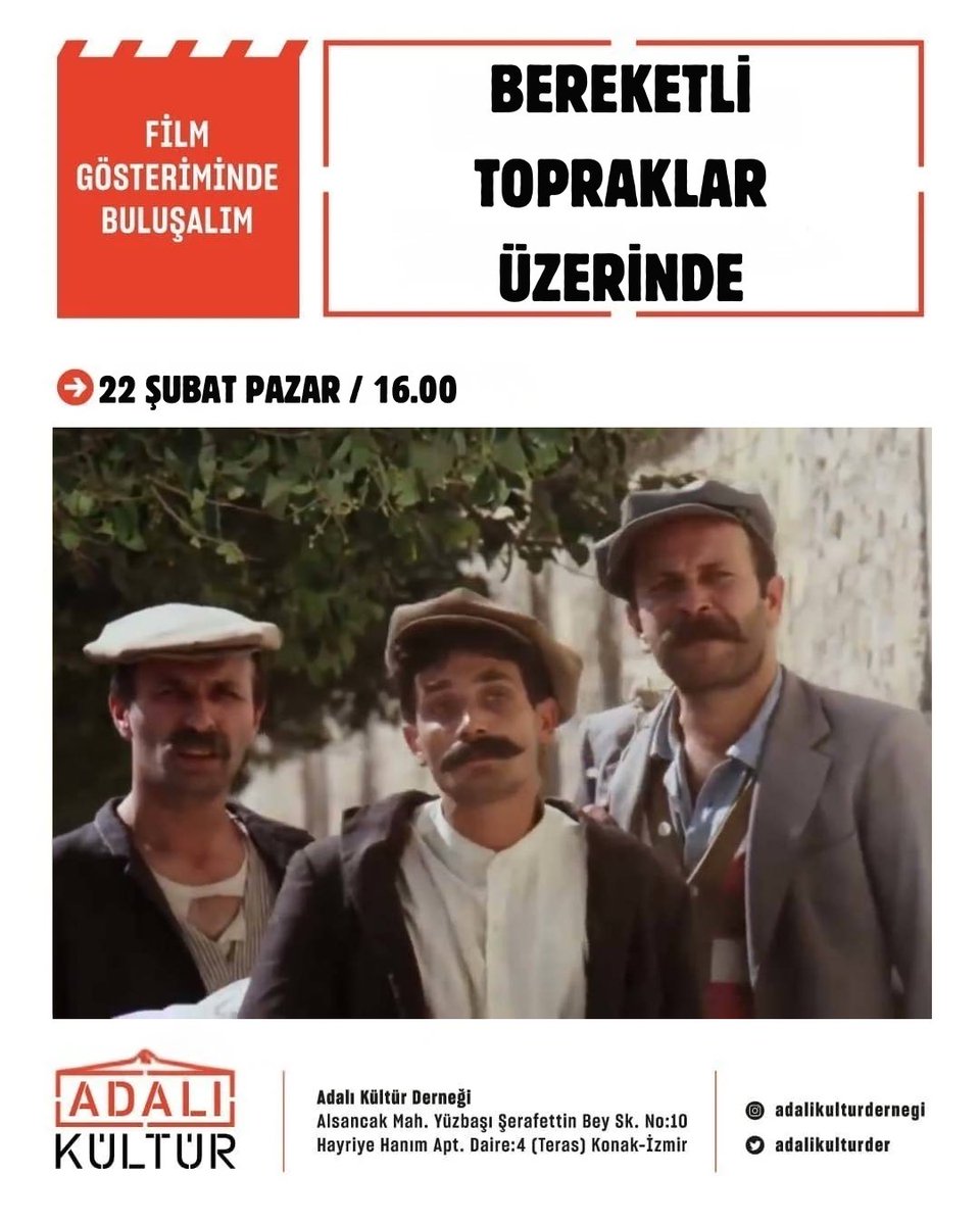 Bu hafta Adalı Kültür Derneği'nde Erden Kıral'ın yönettiği Bereketli Topraklar Üzerinde filmini izliyoruz. Köyden şehre gelen üç arkadaşın işçilik yapmaya başlamasıyla yaşadıklarını izleyeceğiz. Etkinliğimiz herkesin katılımına açıktır. 

Katılım Formu ↩️
docs.google.com/forms/d/14bVKP…