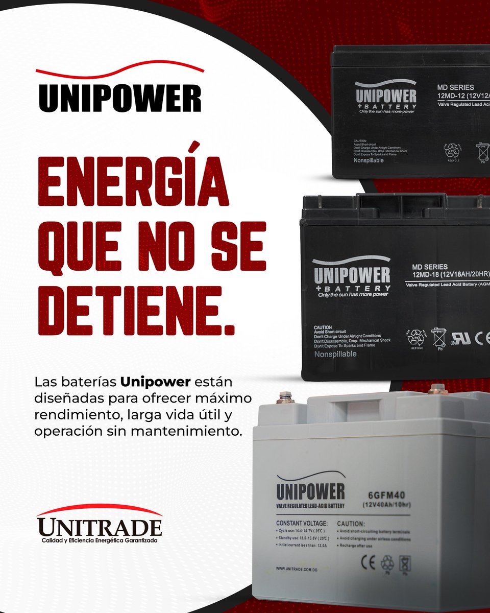 unitraderd's tweet photo. La solución ideal para mantener tus sistemas siempre activos.

⚡ Confiabilidad que respalda tus operaciones.
📩 Contáctanos y asegura tu energía hoy.

#Unipower #EnergíaConfiable #UnitradeRD #BateríasIndustriales https://t.co/00LFbAjdlT