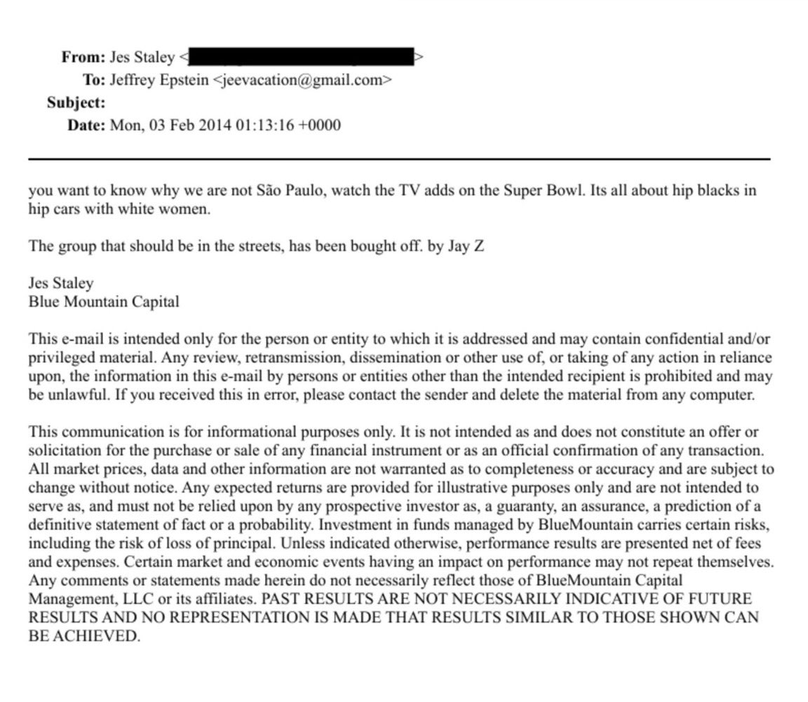 EdbieLigerSmith's tweet image. One of the most fascinating leaks from the Epstein Files.

Wealthy shareholder Jes Staley tells Epstein that would-be black radicals have been “bought off by Jay Z.”

Follow my boy Nick here for more, he’s been talking about this for years. And now he’s being completely…