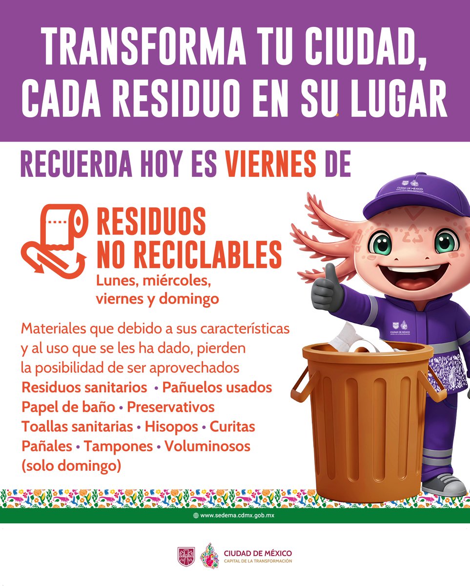 Viernes de reciclables y no reciclables!

Entrega al personal de recolección los materiales que pueden reciclarse y aquellos que ya no es posible aprovechar. Separar desde casa hace la diferencia para una ciudad más limpia y ordenada.