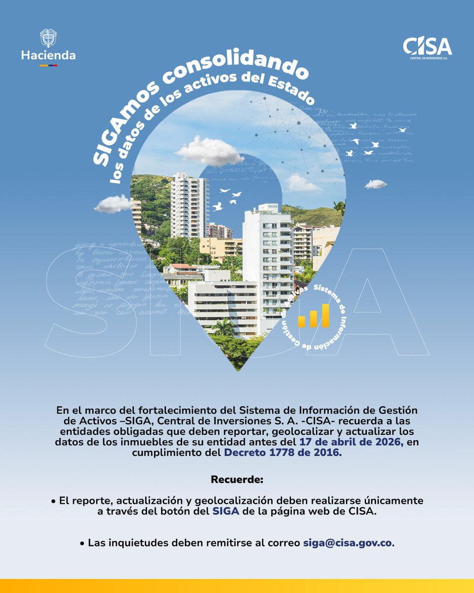 Realice el reporte, geolocalización y actualización de los datos e inmuebles de su entidad máximo el 17 de abril de 2026.
👉 En el botón Ayuda de la plataforma del SIGA encuentra los manuales de usuario.
📩 Si tiene dudas, escríbanos a siga@cisa.gov.co.